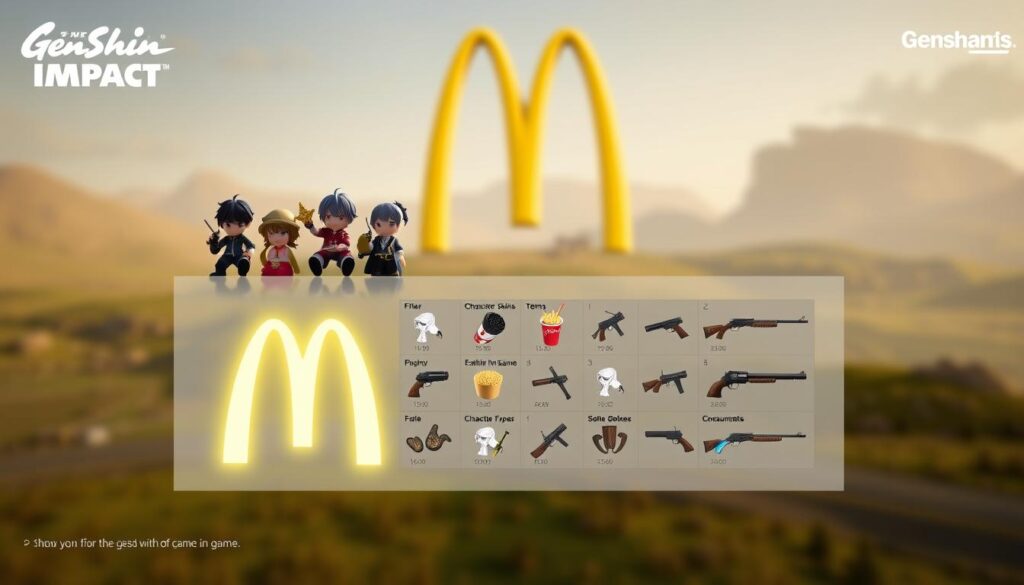 A McDonald's-themed in-game reward menu for Genshin Impact players, displayed on a crisp, clean interface. In the foreground, various Genshin character figurines sit atop the McDonald's logo, surrounded by glowing burger, fry, and soda icons. The middle ground showcases a detailed list of exclusive in-game items, such as character skins, weapons, and consumables. The background features a blurred, hazy Genshin Impact landscape, with the Golden Arches subtly visible in the distance, creating a sense of cohesion between the collaboration. The lighting is soft and diffused, giving the scene a warm, inviting atmosphere. The camera angle is slightly elevated, providing a clear, unobstructed view of the reward menu. A McDonald's-themed in-game reward menu for Genshin Impact players, displayed on a crisp, clean interface. In the foreground, various Genshin character figurines sit atop the McDonald's logo, surrounded by glowing burger, fry, and soda icons. The middle ground showcases a detailed list of exclusive in-game items, such as character skins, weapons, and consumables. The background features a blurred, hazy Genshin Impact landscape, with the Golden Arches subtly visible in the distance, creating a sense of cohesion between the collaboration. The lighting is soft and diffused, giving the scene a warm, inviting atmosphere. The camera angle is slightly elevated, providing a clear, unobstructed view of the reward menu.