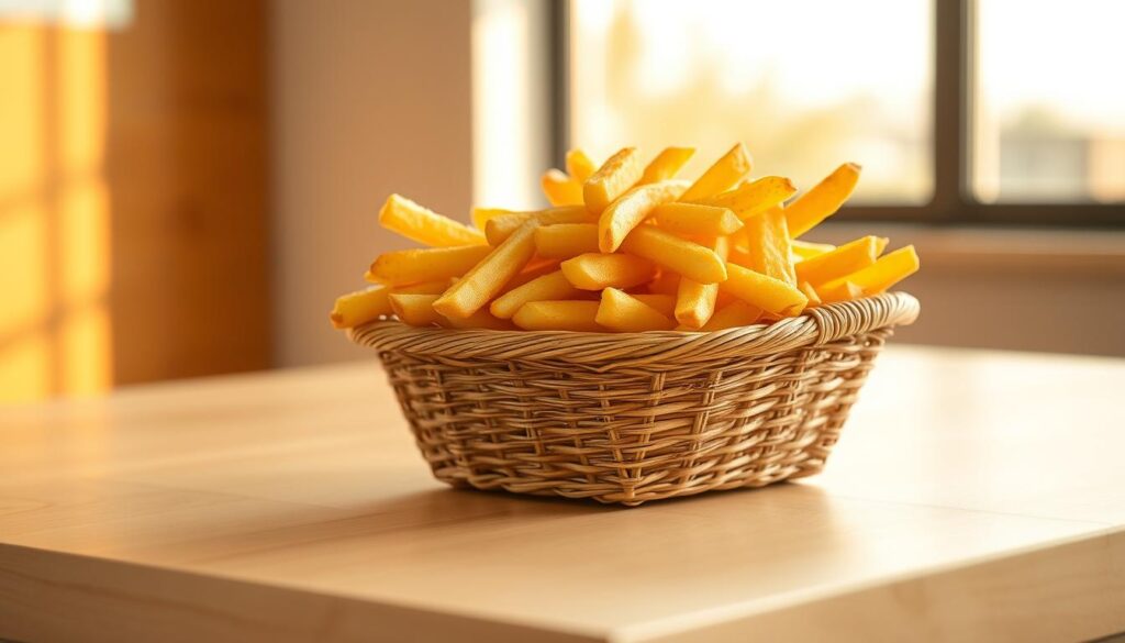 A basket of golden, crisp McDonald's french fries sits on a smooth, light wooden surface, bathed in warm, natural lighting from a large window. The fries are piled high, their fluffy interiors and perfectly crunchy exteriors glistening with a light seasoning. The basket's woven texture adds a rustic, homey touch, complementing the simple yet inviting presentation. The scene exudes a sense of comfort and indulgence, creating an appetite-whetting preview of the tasty treat that awaits. A basket of golden, crisp McDonald's french fries sits on a smooth, light wooden surface, bathed in warm, natural lighting from a large window. The fries are piled high, their fluffy interiors and perfectly crunchy exteriors glistening with a light seasoning. The basket's woven texture adds a rustic, homey touch, complementing the simple yet inviting presentation. The scene exudes a sense of comfort and indulgence, creating an appetite-whetting preview of the tasty treat that awaits.