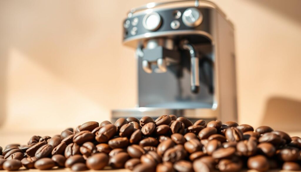 A beautifully composed still life photograph of a meticulously arranged espresso blend coffee set against a smooth, neutral background. The coffee beans are glistening, freshly roasted, with a deep, rich color. The beans are carefully arranged in the foreground, creating a visually appealing focal point. The middle ground features a sleek, modern espresso machine, its metallic surfaces reflecting the lighting and creating a sense of depth. The background is softly blurred, allowing the coffee and machine to take center stage. The lighting is warm and natural, casting gentle shadows and highlighting the textures of the coffee and machine. The overall mood is one of sophistication, quality, and the allure of the perfect espresso blend. A beautifully composed still life photograph of a meticulously arranged espresso blend coffee set against a smooth, neutral background. The coffee beans are glistening, freshly roasted, with a deep, rich color. The beans are carefully arranged in the foreground, creating a visually appealing focal point. The middle ground features a sleek, modern espresso machine, its metallic surfaces reflecting the lighting and creating a sense of depth. The background is softly blurred, allowing the coffee and machine to take center stage. The lighting is warm and natural, casting gentle shadows and highlighting the textures of the coffee and machine. The overall mood is one of sophistication, quality, and the allure of the perfect espresso blend.