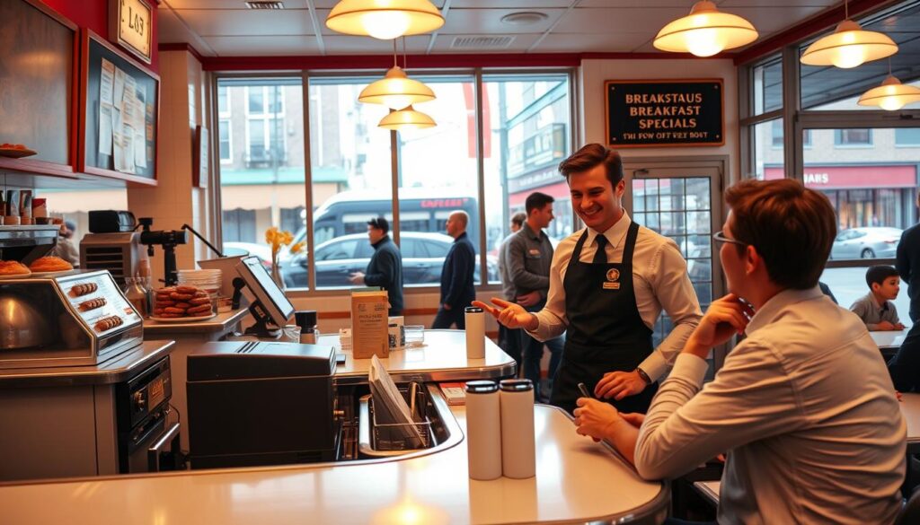 A bright and cozy diner interior, with warm lighting and a welcoming atmosphere. The counter is adorned with a retro cash register, various baked goods, and a menu board highlighting the breakfast specials. In the foreground, a friendly server in a crisp uniform is taking an order from a patron sitting at a table. The background features large windows overlooking a bustling city street, with passersby visible outside. The scene conveys a sense of community and the comforting ritual of a classic American breakfast experience. A bright and cozy diner interior, with warm lighting and a welcoming atmosphere. The counter is adorned with a retro cash register, various baked goods, and a menu board highlighting the breakfast specials. In the foreground, a friendly server in a crisp uniform is taking an order from a patron sitting at a table. The background features large windows overlooking a bustling city street, with passersby visible outside. The scene conveys a sense of community and the comforting ritual of a classic American breakfast experience.