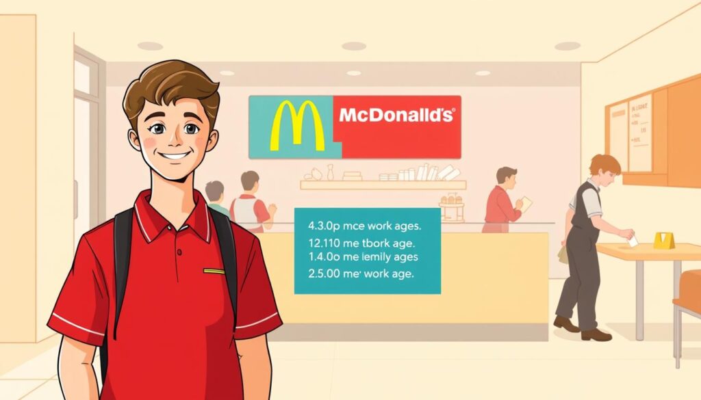 A bright, minimalist illustration showcasing the McDonald's employment age requirements. The foreground depicts a smiling teenager in a McDonald's uniform, standing confidently. Behind them, a clean, modern interior of a McDonald's restaurant with crew members of various ages going about their tasks. The middle ground features an informative sign outlining the age guidelines for working at McDonald's, expressed in a clear, friendly typeface. The background is a soft, neutral tone, allowing the key elements to take center stage. Warm, natural lighting casts a welcoming glow over the scene, conveying an atmosphere of opportunity and professionalism.