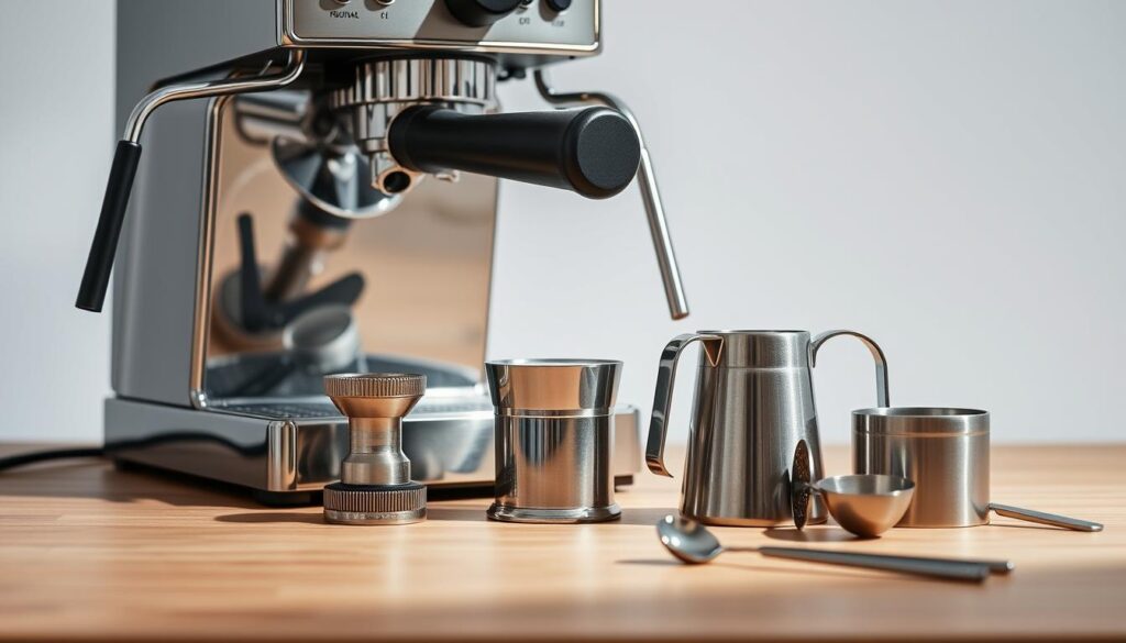 A bright, well-lit studio shot of essential espresso tools, including a sleek espresso machine with a chrome finish, a precision digital coffee grinder with various grind settings, a tamper for compacting ground coffee, a classic metal milk frothing pitcher, and a set of stainless steel measuring spoons. The tools are arranged on a minimalist wooden countertop, creating a clean and focused composition that highlights the craftsmanship and attention to detail required for making a perfect shot of espresso. The lighting is soft and diffused, casting subtle shadows and emphasizing the sheen of the metal components, while the overall mood is one of professionalism and expertise. A bright, well-lit studio shot of essential espresso tools, including a sleek espresso machine with a chrome finish, a precision digital coffee grinder with various grind settings, a tamper for compacting ground coffee, a classic metal milk frothing pitcher, and a set of stainless steel measuring spoons. The tools are arranged on a minimalist wooden countertop, creating a clean and focused composition that highlights the craftsmanship and attention to detail required for making a perfect shot of espresso. The lighting is soft and diffused, casting subtle shadows and emphasizing the sheen of the metal components, while the overall mood is one of professionalism and expertise.