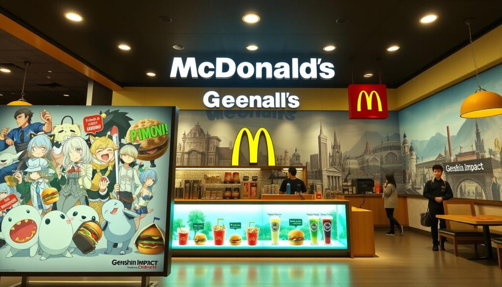 A brightly-lit McDonald's restaurant interior, with a Genshin Impact-themed aesthetic. In the foreground, a large display showcases various Genshin Impact characters and items, rendered in the game's distinctive anime-inspired style. The middle ground features a counter where customers can order Genshin Impact-themed food and beverages, such as Paimon-shaped burgers and Mondstadt-inspired drinks. The background showcases Genshin Impact landmarks and landscapes, creating an immersive crossover environment. The lighting is warm and inviting, capturing the fusion of the two iconic brands. The overall atmosphere conveys a sense of excitement and collaboration, inviting viewers to explore the unique partnership between Genshin Impact and McDonald's. A brightly-lit McDonald's restaurant interior, with a Genshin Impact-themed aesthetic. In the foreground, a large display showcases various Genshin Impact characters and items, rendered in the game's distinctive anime-inspired style. The middle ground features a counter where customers can order Genshin Impact-themed food and beverages, such as Paimon-shaped burgers and Mondstadt-inspired drinks. The background showcases Genshin Impact landmarks and landscapes, creating an immersive crossover environment. The lighting is warm and inviting, capturing the fusion of the two iconic brands. The overall atmosphere conveys a sense of excitement and collaboration, inviting viewers to explore the unique partnership between Genshin Impact and McDonald's.