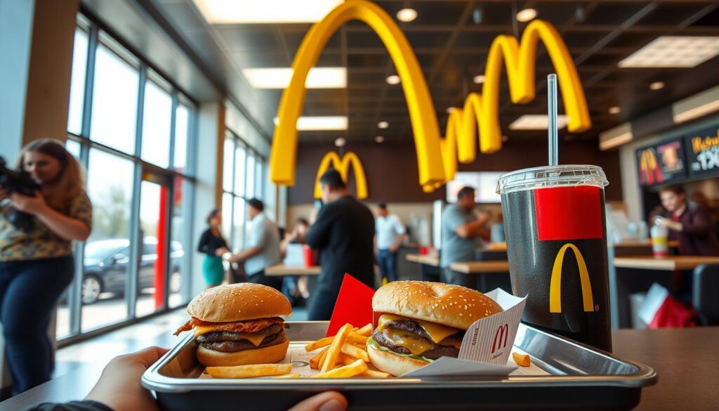 A brightly lit McDonald's restaurant interior, with a mid-afternoon lunch crowd enjoying their meals. The foreground features a customer's tray with a Big Mac, fries, and a large soda, set against a backdrop of the restaurant's iconic golden arches and sleek, modern decor. The middle ground showcases the bustling counter area, where employees efficiently take orders and prepare food. The background offers a glimpse of the drive-thru lane, with cars lined up to grab a quick lunch. The overall scene conveys a sense of convenience, efficiency, and the quintessential McDonald's dining experience.