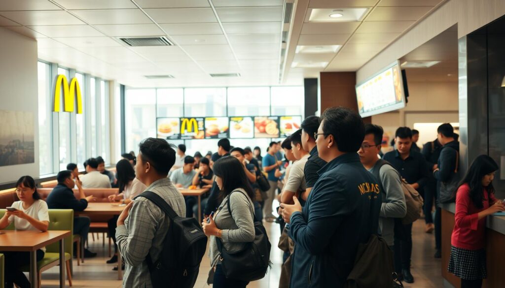A bustling McDonald's restaurant during lunchtime. The scene depicts a well-lit dining area with modern furnishings and clean, bright tiles. In the foreground, a line of customers waiting to place their orders at the counter, their expressions focused and eager. The middle ground showcases a mix of patrons enjoying their meals, some engaged in conversation, others absorbed in their smartphones. The background features the iconic golden arches and menu boards, casting a warm glow over the entire space. The overall atmosphere conveys a sense of efficiency, convenience, and the classic fast-food dining experience. A bustling McDonald's restaurant during lunchtime. The scene depicts a well-lit dining area with modern furnishings and clean, bright tiles. In the foreground, a line of customers waiting to place their orders at the counter, their expressions focused and eager. The middle ground showcases a mix of patrons enjoying their meals, some engaged in conversation, others absorbed in their smartphones. The background features the iconic golden arches and menu boards, casting a warm glow over the entire space. The overall atmosphere conveys a sense of efficiency, convenience, and the classic fast-food dining experience.