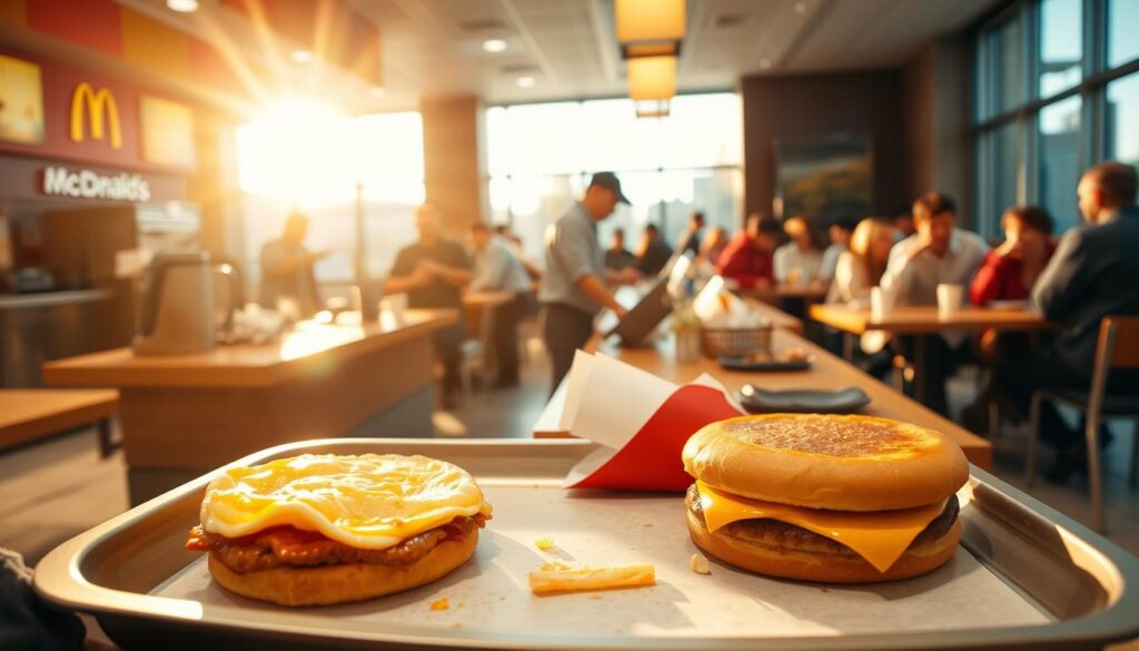 A bustling McDonald's restaurant during the breakfast-to-lunch transition. In the foreground, a customer's tray holds a half-eaten Egg McMuffin and an untouched Big Mac, symbolizing the shift between the two menus. The middle ground features the lively counter, with employees efficiently switching from breakfast to lunch preparations. In the background, the dining area is in a state of flux, with some customers lingering over their morning coffee while others eagerly await their lunchtime burgers and fries. Warm, natural lighting streams through the large windows, casting a golden glow over the scene and creating a sense of transition and anticipation.
