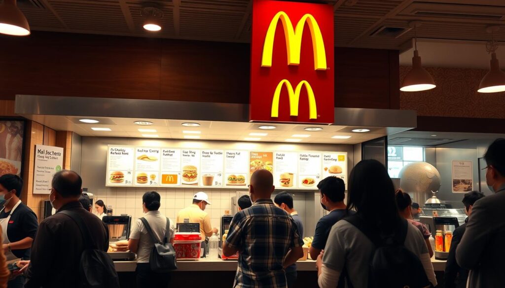 A bustling McDonald's restaurant during the lunchtime rush, showcasing the regional variations in their menu and service. In the foreground, customers line up at the counter, each order reflecting local cuisine preferences - from classic Big Macs to regional specialties. The middle ground depicts the efficient kitchen staff swiftly preparing a diverse array of meals, while the background features a mix of modern and traditional decor elements, providing a glimpse into the brand's global adaptability. Warm, natural lighting illuminates the scene, creating an inviting and energetic atmosphere. Captured from a slightly elevated angle, the image conveys the dynamic pace and multicultural appeal of McDonald's lunchtime service.