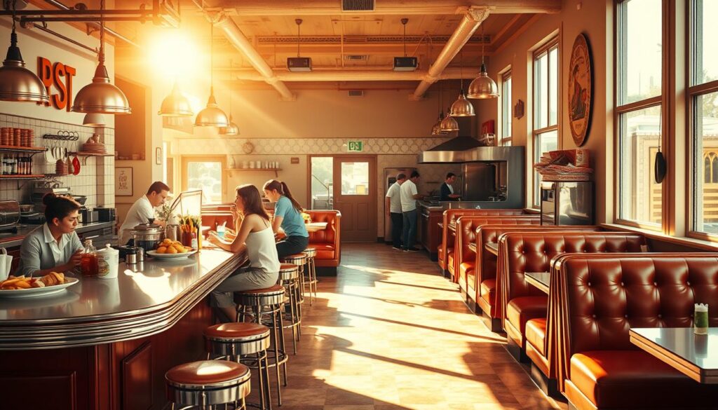A bustling breakfast cafe set against a warm, sun-dappled backdrop. In the foreground, a classic diner-style counter with stools, adorned with retro-inspired decor and vintage accents. Customers seated at the counter enjoy a selection of mouthwatering breakfast dishes, while the cafe's energetic staff move efficiently behind the counter, preparing fresh ingredients. In the middle ground, cozy booths line the walls, their leather upholstery and polished wood evoking a timeless, homely ambiance. The rear of the cafe features an open, airy kitchen, where skilled chefs can be seen tending to sizzling skillets and stacks of fluffy pancakes. Soft, natural lighting filters in through large windows, casting a golden glow throughout the space and creating a welcoming, inviting atmosphere. A bustling breakfast cafe set against a warm, sun-dappled backdrop. In the foreground, a classic diner-style counter with stools, adorned with retro-inspired decor and vintage accents. Customers seated at the counter enjoy a selection of mouthwatering breakfast dishes, while the cafe's energetic staff move efficiently behind the counter, preparing fresh ingredients. In the middle ground, cozy booths line the walls, their leather upholstery and polished wood evoking a timeless, homely ambiance. The rear of the cafe features an open, airy kitchen, where skilled chefs can be seen tending to sizzling skillets and stacks of fluffy pancakes. Soft, natural lighting filters in through large windows, casting a golden glow throughout the space and creating a welcoming, inviting atmosphere.