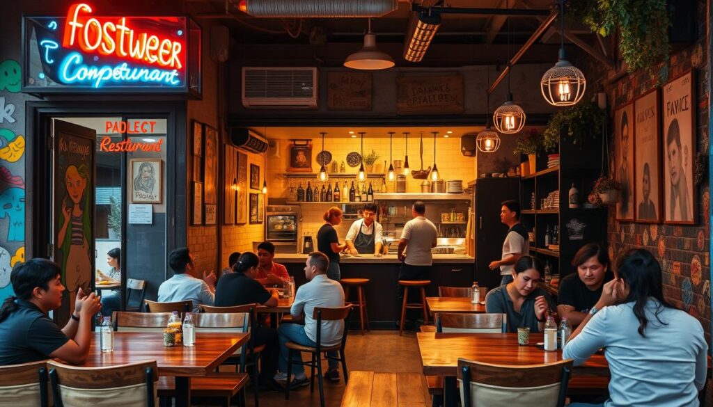 A bustling community-focused restaurant, its facade adorned with vibrant murals and neon signage, inviting patrons to step inside. A warm, intimate atmosphere pervades the cozy dining room, where wooden tables and benches surround a central communal space. Soft, ambient lighting casts a welcoming glow, complementing the eclectic mix of local artwork and handcrafted decor that adorns the walls. In the open kitchen, chefs skillfully prepare a menu featuring seasonal, locally-sourced ingredients, catering to diverse dietary needs and celebrating the culinary traditions of the neighborhood. Patrons engage in lively conversation, sharing stories and supporting one another, as the restaurant serves as a hub for community gatherings and empowerment. A bustling community-focused restaurant, its facade adorned with vibrant murals and neon signage, inviting patrons to step inside. A warm, intimate atmosphere pervades the cozy dining room, where wooden tables and benches surround a central communal space. Soft, ambient lighting casts a welcoming glow, complementing the eclectic mix of local artwork and handcrafted decor that adorns the walls. In the open kitchen, chefs skillfully prepare a menu featuring seasonal, locally-sourced ingredients, catering to diverse dietary needs and celebrating the culinary traditions of the neighborhood. Patrons engage in lively conversation, sharing stories and supporting one another, as the restaurant serves as a hub for community gatherings and empowerment.