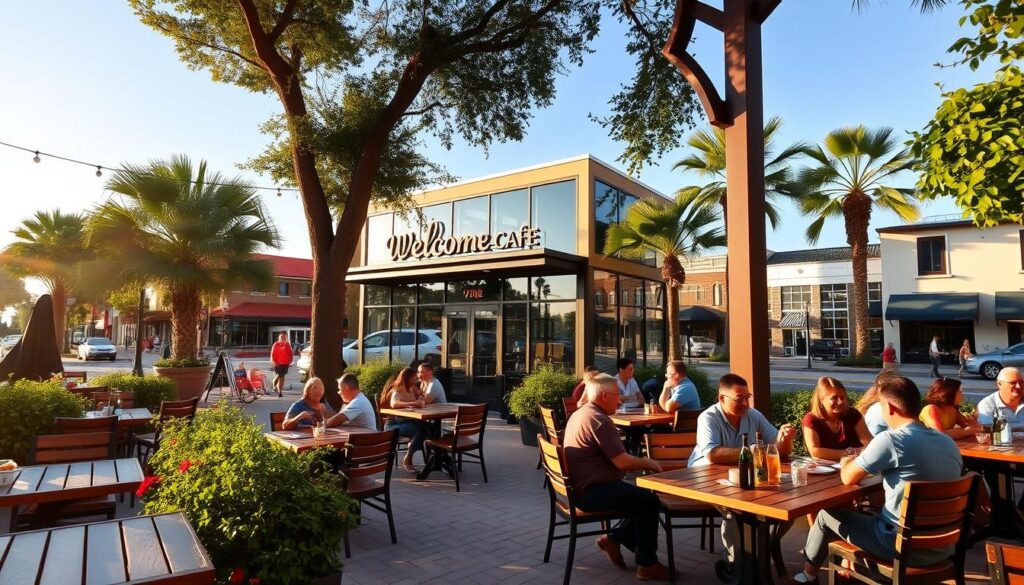 A bustling outdoor cafe nestled in the heart of Lakeland, Florida, with patrons savoring their best breakfast under the warm morning sun. The foreground features a cozy seating area with wooden tables and chairs, adorned with lush greenery and vibrant flowers. In the middle ground, a modern, glass-fronted cafe with a welcoming facade stands, its facade reflecting the surrounding lush trees and blue sky. The background showcases the picturesque cityscape of Lakeland, with its charming historic buildings and palm-tree-lined streets, creating a tranquil, inviting atmosphere. The lighting is soft and natural, capturing the early-morning glow, and the camera angle is slightly elevated, offering a panoramic view of the idyllic scene. A bustling outdoor cafe nestled in the heart of Lakeland, Florida, with patrons savoring their best breakfast under the warm morning sun. The foreground features a cozy seating area with wooden tables and chairs, adorned with lush greenery and vibrant flowers. In the middle ground, a modern, glass-fronted cafe with a welcoming facade stands, its facade reflecting the surrounding lush trees and blue sky. The background showcases the picturesque cityscape of Lakeland, with its charming historic buildings and palm-tree-lined streets, creating a tranquil, inviting atmosphere. The lighting is soft and natural, capturing the early-morning glow, and the camera angle is slightly elevated, offering a panoramic view of the idyllic scene.