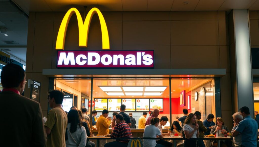 A busy McDonald's restaurant during the standard lunch hours, with customers lining up at the counter and seated at tables. The front facade is prominently visible, with the iconic golden arches and brightly lit signage. The interior is well-lit, with warm lighting casting a welcoming glow. Customers of diverse ages and backgrounds are shown enjoying their meals, creating a vibrant and lively atmosphere. The scene captures the hustle and bustle of a typical McDonald's lunchtime, reflecting the brand's reputation for fast and convenient dining.