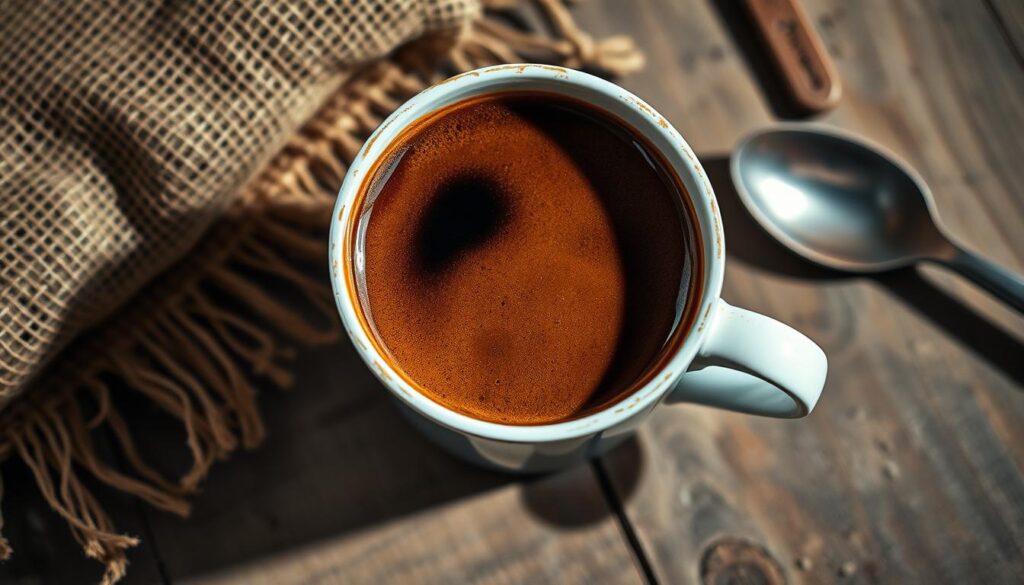 A carefully brewed cup of Cuban coffee, its rich, dark crema topping a bold, intense liquid that radiates warmth and aroma. Captured in a sharply focused, slightly low-angled perspective, the cup sits atop a rustic wooden table, surrounded by the natural textures of a burlap sack and a worn, weathered spoon. Soft, diffused lighting casts gentle shadows, creating a sense of depth and dimension. The overall mood is one of simple, authentic pleasure - a celebration of the distinct, bold character of this beloved beverage.