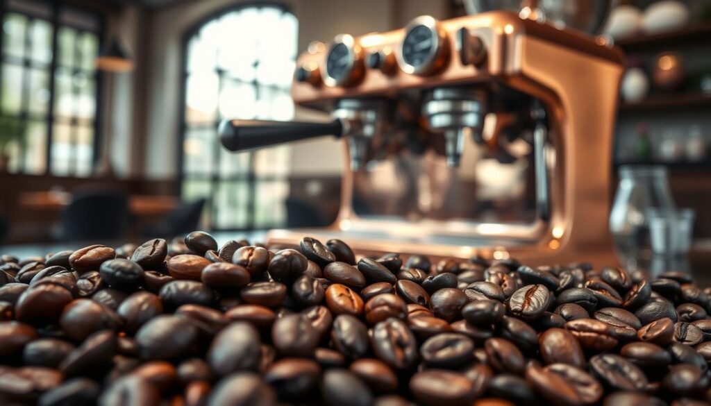 A carefully curated collection of the most popular coffee bean varieties for expertly crafted espresso. In the foreground, glistening roasted beans in shades of dark brown and caramel, their surface texture inviting tactile exploration. In the middle ground, a vintage-style copper or brass espresso machine, its gleaming finish reflecting the rich hues of the beans. The background features an elegant, minimalist café setting, with soft natural lighting filtering through large windows, creating a cozy and sophisticated ambiance. The overall composition evokes the aroma, flavor, and artistry inherent in the perfect espresso, inspiring the coffee connoisseur to discover their ideal bean. A carefully curated collection of the most popular coffee bean varieties for expertly crafted espresso. In the foreground, glistening roasted beans in shades of dark brown and caramel, their surface texture inviting tactile exploration. In the middle ground, a vintage-style copper or brass espresso machine, its gleaming finish reflecting the rich hues of the beans. The background features an elegant, minimalist café setting, with soft natural lighting filtering through large windows, creating a cozy and sophisticated ambiance. The overall composition evokes the aroma, flavor, and artistry inherent in the perfect espresso, inspiring the coffee connoisseur to discover their ideal bean.