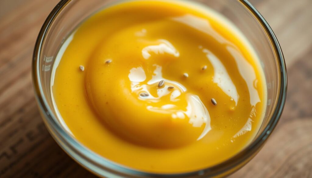 A close-up, detailed macro shot of a creamy, thick honey mustard sauce in a glass bowl. The sauce has a rich, golden-amber hue and a glossy, smooth texture. Visible within the sauce are small specks of ground mustard seed, adding visual interest and texture. The bowl is positioned on a wooden surface, with a soft, natural lighting creating gentle shadows and highlights that accentuate the sauce's viscosity and depth. The overall atmosphere is one of culinary elegance and artisanal craftsmanship, inviting the viewer to experience the unique flavor profile of this signature condiment.