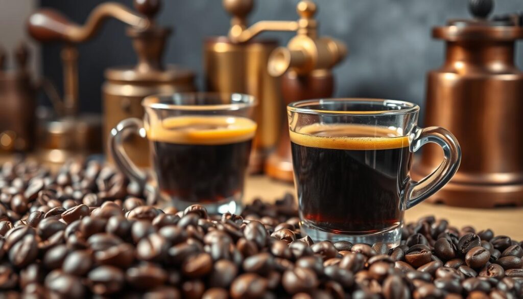 A close-up, high-resolution image of the key components that make up an authentic espresso coffee blend. In the foreground, a pile of freshly roasted, dark-brown coffee beans glistens under soft, warm lighting. In the middle ground, a glass cup filled with rich, creamy espresso showcases the blend's balanced flavor and thick crema. In the background, a vintage coffee grinder, brass espresso machine, and other classic brewing equipment provide a sense of heritage and craftsmanship. The overall mood is one of artisanal quality, attention to detail, and the appreciation of specialty coffee. The image is captured with a shallow depth of field, emphasizing the textures and colors of the espresso blend's essential elements. A close-up, high-resolution image of the key components that make up an authentic espresso coffee blend. In the foreground, a pile of freshly roasted, dark-brown coffee beans glistens under soft, warm lighting. In the middle ground, a glass cup filled with rich, creamy espresso showcases the blend's balanced flavor and thick crema. In the background, a vintage coffee grinder, brass espresso machine, and other classic brewing equipment provide a sense of heritage and craftsmanship. The overall mood is one of artisanal quality, attention to detail, and the appreciation of specialty coffee. The image is captured with a shallow depth of field, emphasizing the textures and colors of the espresso blend's essential elements.
