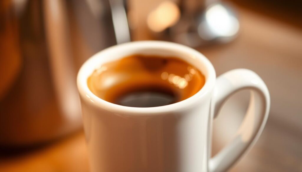 A close-up, high-resolution photograph of a freshly brewed espresso shot in a small, white ceramic demitasse cup. The espresso has a rich, dark brown crema on top, with a smooth, velvety texture. The lighting is soft and warm, creating a cozy, inviting atmosphere. The background is slightly blurred, allowing the espresso to be the focal point. The image conveys the intense aroma and bold flavor of the espresso roast, capturing the essence of this quintessential coffee experience.