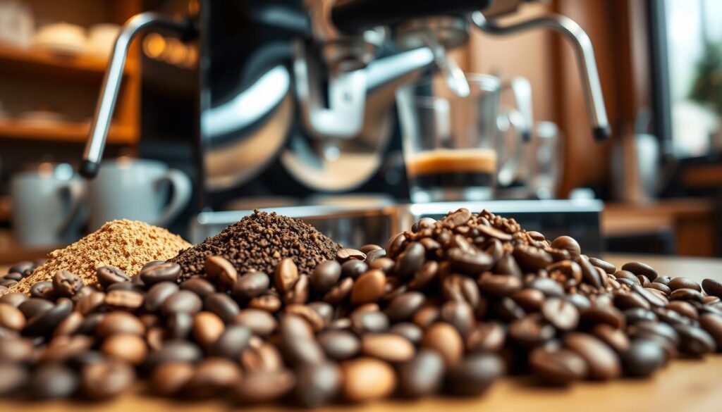 A close-up image of various espresso machine coffee types, captured in a warm, inviting atmosphere. In the foreground, a selection of freshly ground coffee beans in different roast levels - light, medium, and dark - are arranged neatly. The middle ground features an espresso machine with chrome and black accents, its steam wand poised to create a perfect foam. The background is blurred, but hints at a cozy café setting with soft lighting and wooden accents. The overall composition conveys the art and craft of espresso preparation, inviting the viewer to explore the nuanced flavors of each coffee type. A close-up image of various espresso machine coffee types, captured in a warm, inviting atmosphere. In the foreground, a selection of freshly ground coffee beans in different roast levels - light, medium, and dark - are arranged neatly. The middle ground features an espresso machine with chrome and black accents, its steam wand poised to create a perfect foam. The background is blurred, but hints at a cozy café setting with soft lighting and wooden accents. The overall composition conveys the art and craft of espresso preparation, inviting the viewer to explore the nuanced flavors of each coffee type.
