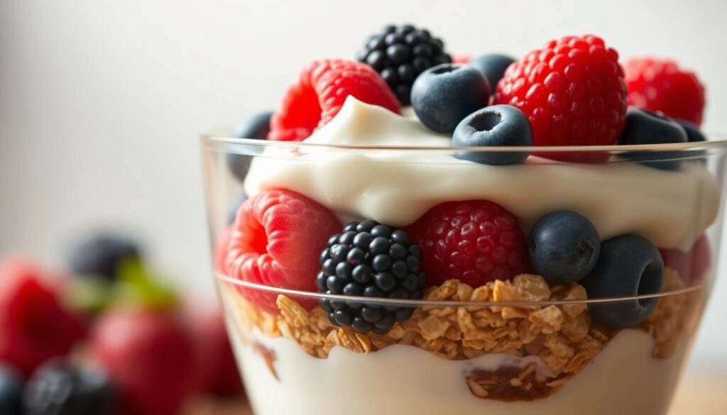 A close-up of a McDonald's Parfait, showcasing its delightful layers. The foreground features a transparent glass dish filled with creamy vanilla yogurt, topped with a vibrant array of fresh berries, including succulent raspberries, juicy blueberries, and tart blackberries. The middle ground highlights the parfait's signature crunchy granola layer, providing a delightful textural contrast. The background is a softly blurred, neutral-toned setting, allowing the parfait to take center stage. The lighting is natural and diffused, creating a warm, inviting atmosphere that emphasizes the parfait's fresh and indulgent qualities. The composition is balanced and visually appealing, capturing the essence of what has made this McDonald's dessert so popular. A close-up of a McDonald's Parfait, showcasing its delightful layers. The foreground features a transparent glass dish filled with creamy vanilla yogurt, topped with a vibrant array of fresh berries, including succulent raspberries, juicy blueberries, and tart blackberries. The middle ground highlights the parfait's signature crunchy granola layer, providing a delightful textural contrast. The background is a softly blurred, neutral-toned setting, allowing the parfait to take center stage. The lighting is natural and diffused, creating a warm, inviting atmosphere that emphasizes the parfait's fresh and indulgent qualities. The composition is balanced and visually appealing, capturing the essence of what has made this McDonald's dessert so popular.
