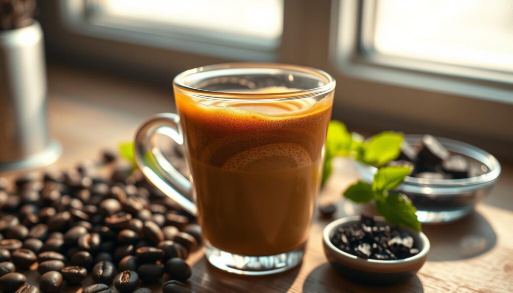 A close-up of an artfully crafted espresso shot, with a rich, velvety crema and a complex array of flavor notes swirling within the translucent liquid. Sunlight filters softly through a window, casting a warm, golden glow on the scene. The cup sits on a wooden surface, surrounded by a scattering of whole coffee beans, a sprig of fresh mint, and a small dish of dark chocolate shavings, hinting at the depth of flavors to be explored. The composition is balanced and visually appealing, inviting the viewer to savor the aroma and anticipate the bold, nuanced taste of the perfectly brewed espresso. A close-up of an artfully crafted espresso shot, with a rich, velvety crema and a complex array of flavor notes swirling within the translucent liquid. Sunlight filters softly through a window, casting a warm, golden glow on the scene. The cup sits on a wooden surface, surrounded by a scattering of whole coffee beans, a sprig of fresh mint, and a small dish of dark chocolate shavings, hinting at the depth of flavors to be explored. The composition is balanced and visually appealing, inviting the viewer to savor the aroma and anticipate the bold, nuanced taste of the perfectly brewed espresso.
