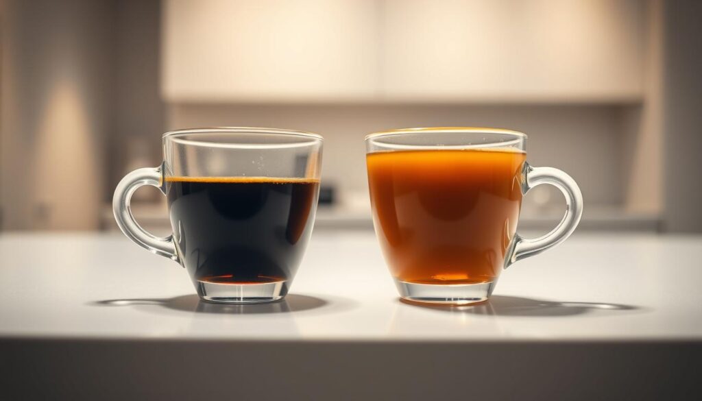 A close-up of two coffee cups, one filled with rich, dark espresso and the other with light, amber-colored drip coffee. The cups are placed on a sleek, modern countertop, surrounded by a minimalist, well-lit studio setting. The lighting is soft and diffused, creating a warm, inviting atmosphere. The focus is on the distinct differences in color and viscosity between the two coffee preparations, highlighting their unique caffeine content and strength. The image conveys a sense of scientific inquiry, inviting the viewer to compare and contrast the two coffee types. The composition is balanced and visually appealing, drawing the eye to the central elements. A close-up of two coffee cups, one filled with rich, dark espresso and the other with light, amber-colored drip coffee. The cups are placed on a sleek, modern countertop, surrounded by a minimalist, well-lit studio setting. The lighting is soft and diffused, creating a warm, inviting atmosphere. The focus is on the distinct differences in color and viscosity between the two coffee preparations, highlighting their unique caffeine content and strength. The image conveys a sense of scientific inquiry, inviting the viewer to compare and contrast the two coffee types. The composition is balanced and visually appealing, drawing the eye to the central elements.