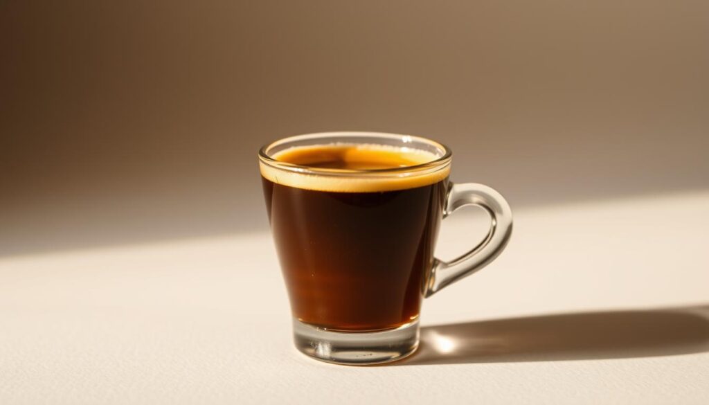 A close-up shot of a freshly brewed espresso in a classic demitasse cup. The deep, rich brown liquid gleams with a thick, creamy crema on top. Soft, warm lighting illuminates the scene, casting gentle shadows that add depth and texture. The cup is set against a simple, muted background that allows the espresso to be the focal point. The image conveys the intense, concentrated essence of espresso - a captivating elixir that embodies the art and science of specialty coffee. A close-up shot of a freshly brewed espresso in a classic demitasse cup. The deep, rich brown liquid gleams with a thick, creamy crema on top. Soft, warm lighting illuminates the scene, casting gentle shadows that add depth and texture. The cup is set against a simple, muted background that allows the espresso to be the focal point. The image conveys the intense, concentrated essence of espresso - a captivating elixir that embodies the art and science of specialty coffee.