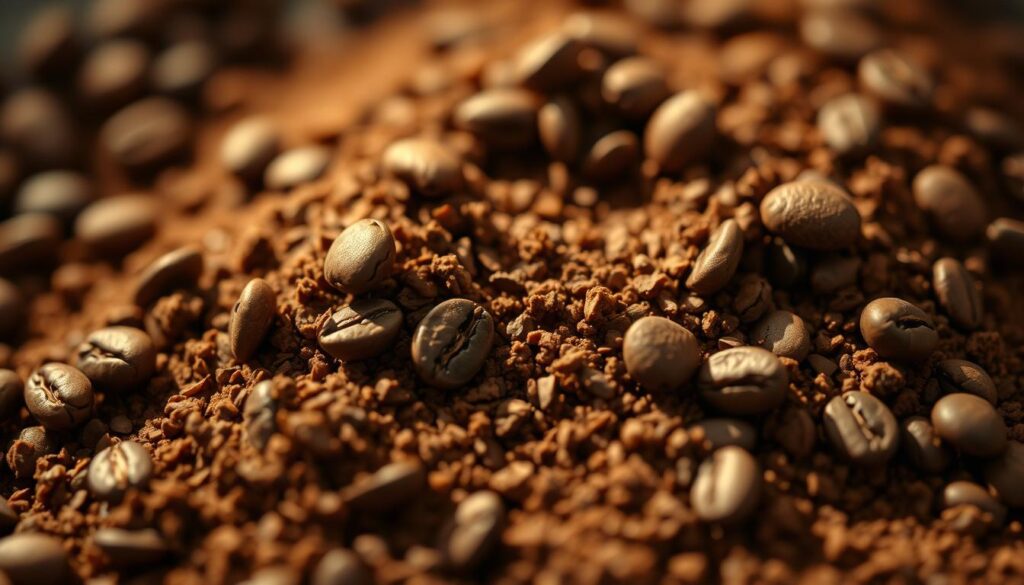 A close-up shot of a handful of freshly ground coffee beans, the rich brown hues and fine, uniform grind reflecting the ideal texture for crafting a perfect espresso. The beans are illuminated by soft, warm lighting, casting subtle shadows that accentuate the intricate details of the grounds. The camera angle is low, providing a detailed, almost tactile perspective of the grind size, emphasizing its importance in achieving the desired flavor profile and crema for an exceptional espresso brew. The background is subtly blurred, keeping the focus firmly on the coffee grounds and their optimal grind size. A close-up shot of a handful of freshly ground coffee beans, the rich brown hues and fine, uniform grind reflecting the ideal texture for crafting a perfect espresso. The beans are illuminated by soft, warm lighting, casting subtle shadows that accentuate the intricate details of the grounds. The camera angle is low, providing a detailed, almost tactile perspective of the grind size, emphasizing its importance in achieving the desired flavor profile and crema for an exceptional espresso brew. The background is subtly blurred, keeping the focus firmly on the coffee grounds and their optimal grind size.