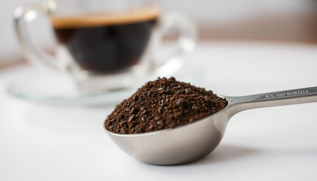 A close-up shot of a stainless steel measuring spoon filled with dark, finely ground instant coffee powder, the grains glistening under soft, warm studio lighting. In the background, a blurred glass espresso cup and saucer, conveying the connection between the instant coffee and the classic espresso drink. The image has a clean, minimalist aesthetic, focusing the viewer's attention on the precise measurements needed to create the perfect instant espresso. A close-up shot of a stainless steel measuring spoon filled with dark, finely ground instant coffee powder, the grains glistening under soft, warm studio lighting. In the background, a blurred glass espresso cup and saucer, conveying the connection between the instant coffee and the classic espresso drink. The image has a clean, minimalist aesthetic, focusing the viewer's attention on the precise measurements needed to create the perfect instant espresso.