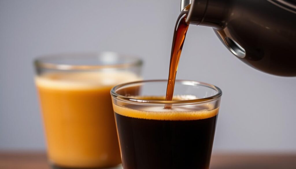 A close-up shot of an espresso shot being poured into a small cup, with a glass of brewed coffee in the background. The espresso has a rich, dark brown color with a thick, creamy crema on top. The brewed coffee has a lighter, amber hue. The two beverages are set against a simple, neutral-colored background, allowing the contrast between the two to be the focal point. Dramatic, directional lighting emphasizes the textures and colors of the liquids, creating a sense of depth and dimension. The overall mood is one of sophistication and attention to detail, befitting the subject matter.