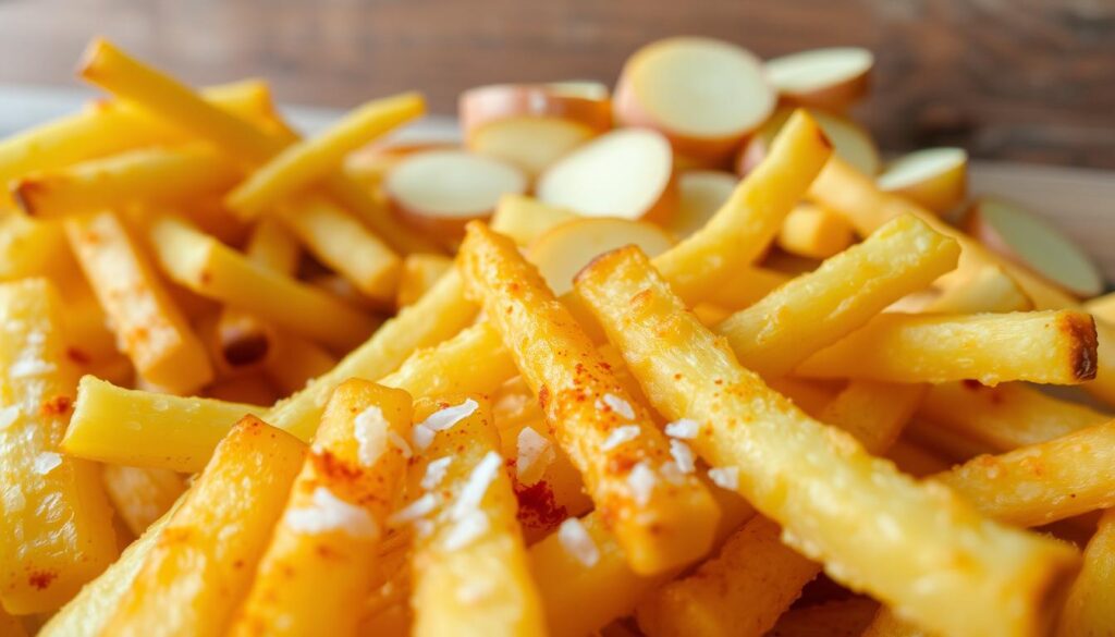 A close-up shot of freshly fried golden-brown french fries, their crispy exterior glistening under natural lighting. In the foreground, a sprinkling of coarse sea salt and a light dusting of paprika, creating a visually enticing contrast. In the middle ground, a variety of potato slices in various stages of preparation, from raw to partially cooked. The background features a rustic wooden surface, adding a warm, homemade feel to the scene. The overall mood is one of simple, wholesome ingredients coming together to create a beloved fast-food classic. A close-up shot of freshly fried golden-brown french fries, their crispy exterior glistening under natural lighting. In the foreground, a sprinkling of coarse sea salt and a light dusting of paprika, creating a visually enticing contrast. In the middle ground, a variety of potato slices in various stages of preparation, from raw to partially cooked. The background features a rustic wooden surface, adding a warm, homemade feel to the scene. The overall mood is one of simple, wholesome ingredients coming together to create a beloved fast-food classic.