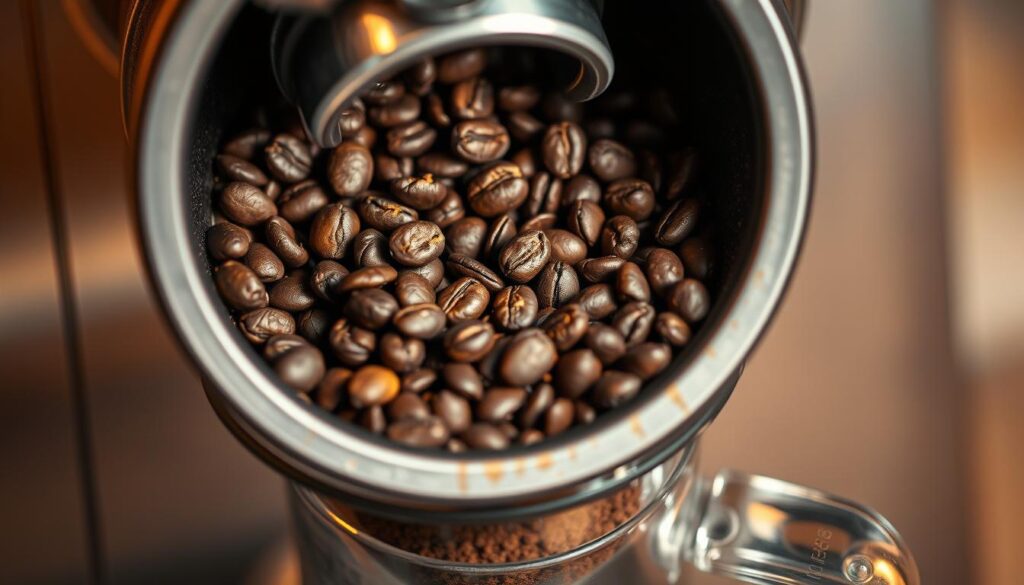 A close-up shot of freshly roasted coffee beans being ground in a burr grinder, with a warm, focused beam of light illuminating the process. The grounds are funneled into a glass carafe, the rhythmic grinding sound and aroma of freshly ground coffee filling the frame. The grinder's metal casing and hopper are rendered in a muted, industrial palette, contrasting with the rich, dark tones of the beans. The overall composition emphasizes the artisanal nature of the task, inviting the viewer to appreciate the care and precision involved in preparing the perfect cup of coffee. A close-up shot of freshly roasted coffee beans being ground in a burr grinder, with a warm, focused beam of light illuminating the process. The grounds are funneled into a glass carafe, the rhythmic grinding sound and aroma of freshly ground coffee filling the frame. The grinder's metal casing and hopper are rendered in a muted, industrial palette, contrasting with the rich, dark tones of the beans. The overall composition emphasizes the artisanal nature of the task, inviting the viewer to appreciate the care and precision involved in preparing the perfect cup of coffee.