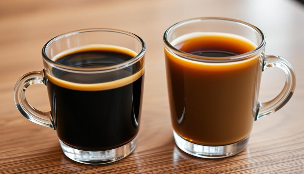 A close-up shot of two glass cups filled with freshly brewed coffee, placed side by side on a sleek, minimalist wooden table. The cup on the left contains rich, dark espresso with a thick, creamy crema on top, while the cup on the right holds a lighter, amber-colored drip coffee. The lighting is soft and warm, highlighting the subtle differences in color and texture between the two beverages. The scene is captured with a shallow depth of field, keeping the cups in sharp focus while the background is gently blurred, creating a sense of depth and drawing the viewer's attention to the central subject. The overall mood is one of refined elegance and a careful exploration of the distinct flavor profiles of these two iconic coffee preparations. A close-up shot of two glass cups filled with freshly brewed coffee, placed side by side on a sleek, minimalist wooden table. The cup on the left contains rich, dark espresso with a thick, creamy crema on top, while the cup on the right holds a lighter, amber-colored drip coffee. The lighting is soft and warm, highlighting the subtle differences in color and texture between the two beverages. The scene is captured with a shallow depth of field, keeping the cups in sharp focus while the background is gently blurred, creating a sense of depth and drawing the viewer's attention to the central subject. The overall mood is one of refined elegance and a careful exploration of the distinct flavor profiles of these two iconic coffee preparations.