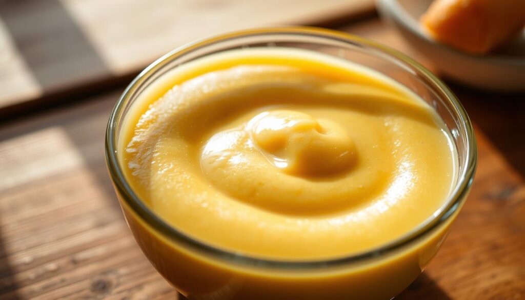 A close-up view of a glass bowl filled with a thick, creamy honey mustard sauce. The sauce has a rich, golden hue and a smooth, velvety texture. The bowl is positioned on a wooden table, with a subtle natural light illuminating the scene from the side, casting soft shadows and highlighting the viscous, glistening nature of the sauce. The background is blurred, creating a sense of focus and drawing the viewer's attention to the alluring, appetizing appearance of the honey mustard sauce.