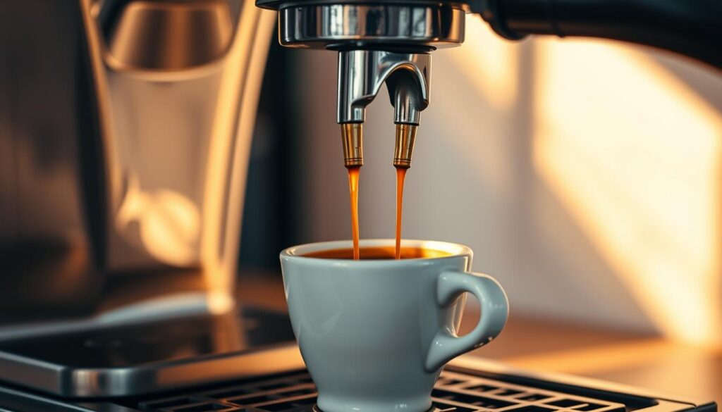A close-up view of an espresso extraction process, showcasing the intricate technique. A sleek, silver espresso machine with a polished portafilter sits on a wooden counter, the stream of rich, dark espresso flowing into a small, white ceramic cup. Beams of warm, directional lighting illuminate the scene, casting dramatic shadows and highlighting the crema's delicate texture. The composition emphasizes the precision and artistry involved in pulling the perfect shot, inviting the viewer to appreciate the craft of specialty coffee preparation. A close-up view of an espresso extraction process, showcasing the intricate technique. A sleek, silver espresso machine with a polished portafilter sits on a wooden counter, the stream of rich, dark espresso flowing into a small, white ceramic cup. Beams of warm, directional lighting illuminate the scene, casting dramatic shadows and highlighting the crema's delicate texture. The composition emphasizes the precision and artistry involved in pulling the perfect shot, inviting the viewer to appreciate the craft of specialty coffee preparation.