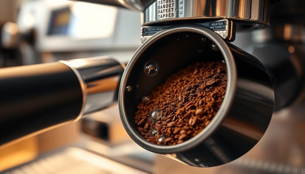 A close-up view of an espresso machine's portafilter filled with regular coffee grounds, with water droplets visible on the surface. The machine's steam wand and control panel are visible in the background, hinting at the brewing process. Soft, warm lighting illuminates the scene, creating a cozy, inviting atmosphere. The focus is sharp on the grounds, emphasizing their texture and color. The image conveys a sense of experimentation and the challenges of using an unconventional brewing method in an espresso machine. A close-up view of an espresso machine's portafilter filled with regular coffee grounds, with water droplets visible on the surface. The machine's steam wand and control panel are visible in the background, hinting at the brewing process. Soft, warm lighting illuminates the scene, creating a cozy, inviting atmosphere. The focus is sharp on the grounds, emphasizing their texture and color. The image conveys a sense of experimentation and the challenges of using an unconventional brewing method in an espresso machine.