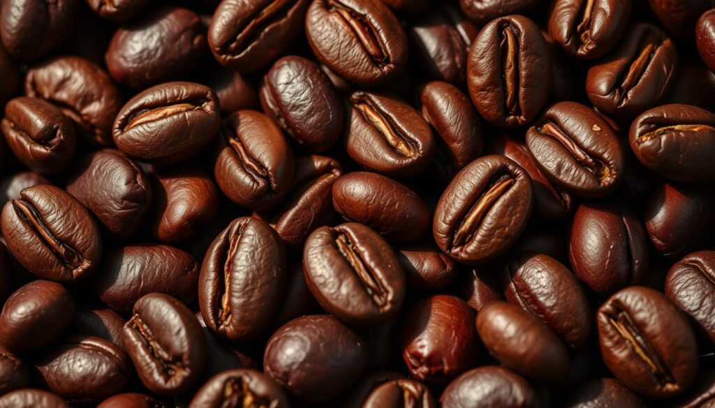 A close-up view of freshly roasted espresso beans, their surfaces gleaming with a rich, oily sheen. The beans are arranged in a visually appealing pattern, capturing the intricate textures and variations in color - from the deep, mahogany hues to the lighter, reddish-brown tones. The lighting is carefully controlled, creating dramatic shadows and highlights that accentuate the beans' contours and bring out their complexity. The overall composition conveys a sense of artisanal craftsmanship and the care and attention to detail that goes into producing a premium espresso roast. A close-up view of freshly roasted espresso beans, their surfaces gleaming with a rich, oily sheen. The beans are arranged in a visually appealing pattern, capturing the intricate textures and variations in color - from the deep, mahogany hues to the lighter, reddish-brown tones. The lighting is carefully controlled, creating dramatic shadows and highlights that accentuate the beans' contours and bring out their complexity. The overall composition conveys a sense of artisanal craftsmanship and the care and attention to detail that goes into producing a premium espresso roast.