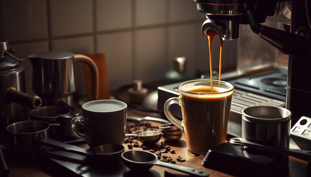A cluttered countertop with a coffee machine, a portafilter, and a stream of espresso flowing unevenly into a cup. Overflowing crema, a tamped puck with uneven extraction, and a jumble of measuring spoons and scales. Dramatic side lighting casts deep shadows, creating a sense of tension and urgency. The scene conveys the frustration of a failed espresso pull, with the tools of the trade betraying the barista's efforts. A cautionary tale of the common mistakes to avoid when crafting the perfect double espresso. A cluttered countertop with a coffee machine, a portafilter, and a stream of espresso flowing unevenly into a cup. Overflowing crema, a tamped puck with uneven extraction, and a jumble of measuring spoons and scales. Dramatic side lighting casts deep shadows, creating a sense of tension and urgency. The scene conveys the frustration of a failed espresso pull, with the tools of the trade betraying the barista's efforts. A cautionary tale of the common mistakes to avoid when crafting the perfect double espresso.