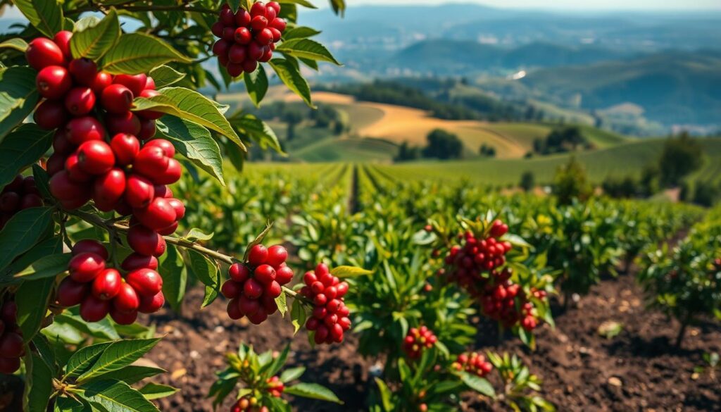 A coffee-producing region with lush, verdant landscapes. In the foreground, vibrant coffee cherries burst with ripeness, their deep red hues contrasting against the rich, dark soil. In the middle ground, sun-dappled rows of coffee plants sway gently, their leaves casting intricate shadows. In the background, rolling hills recede into the distance, hazy under a warm, golden light. The scene evokes a sense of tranquility and the care that goes into cultivating these precious beans. Captured with a crisp, high-resolution lens, the image invites the viewer to imagine the unique flavors and aromas that await in each cup of regional coffee. A coffee-producing region with lush, verdant landscapes. In the foreground, vibrant coffee cherries burst with ripeness, their deep red hues contrasting against the rich, dark soil. In the middle ground, sun-dappled rows of coffee plants sway gently, their leaves casting intricate shadows. In the background, rolling hills recede into the distance, hazy under a warm, golden light. The scene evokes a sense of tranquility and the care that goes into cultivating these precious beans. Captured with a crisp, high-resolution lens, the image invites the viewer to imagine the unique flavors and aromas that await in each cup of regional coffee.