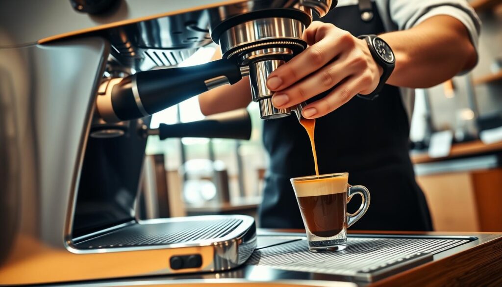 A coffee shop scene with a barista expertly preparing an espresso shot. In the foreground, a sleek, stainless steel espresso machine with its group head and portafilter in use. The barista's hands precisely tamp the freshly ground coffee, their movements precise and practiced. The middle ground reveals the espresso flowing in a smooth, rich stream into a classic demitasse cup, creating a crema-topped pour. In the background, a clean, minimalist cafe setting with natural light filtering in through large windows, accentuating the warm tones of the wood and tile surfaces. The overall mood is one of artisanal craft and the ritual of espresso preparation. A coffee shop scene with a barista expertly preparing an espresso shot. In the foreground, a sleek, stainless steel espresso machine with its group head and portafilter in use. The barista's hands precisely tamp the freshly ground coffee, their movements precise and practiced. The middle ground reveals the espresso flowing in a smooth, rich stream into a classic demitasse cup, creating a crema-topped pour. In the background, a clean, minimalist cafe setting with natural light filtering in through large windows, accentuating the warm tones of the wood and tile surfaces. The overall mood is one of artisanal craft and the ritual of espresso preparation.