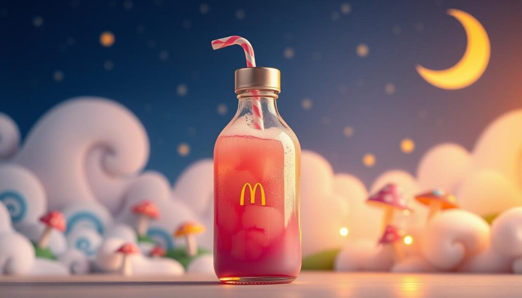 A collectible soda potion bottle set against a whimsical backdrop. The glass bottle has a vibrant, bubbly liquid and a metallic cap with a playful straw protruding. Soft, pastel-toned lighting casts a warm glow, highlighting the bottle's intricate details. The foreground is in sharp focus, while the middle ground features a fantastical landscape of swirling clouds, colorful mushrooms, and glowing fireflies. In the background, a starry night sky with a crescent moon sets the magical atmosphere. The overall composition conveys a sense of enchantment and playfulness, perfect for a special McDonald's character collectible. A collectible soda potion bottle set against a whimsical backdrop. The glass bottle has a vibrant, bubbly liquid and a metallic cap with a playful straw protruding. Soft, pastel-toned lighting casts a warm glow, highlighting the bottle's intricate details. The foreground is in sharp focus, while the middle ground features a fantastical landscape of swirling clouds, colorful mushrooms, and glowing fireflies. In the background, a starry night sky with a crescent moon sets the magical atmosphere. The overall composition conveys a sense of enchantment and playfulness, perfect for a special McDonald's character collectible.
