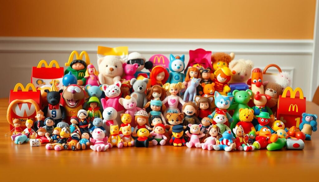 A collection of classic McDonald's Happy Meal toys arranged neatly on a warm wooden table. The foreground features an assortment of iconic characters and collectibles from various Happy Meal promotions over the decades, such as the McNugget Buddies, Teenie Beanie Babies, and the original McDonaldland characters. In the middle ground, a vibrant array of plastic and plush toys in bright primary colors creates a nostalgic, playful atmosphere. The background is softly blurred, allowing the toys to take center stage. Warm, natural lighting casts a golden glow, evoking a sense of fond memories and the enduring appeal of these beloved childhood treasures. A collection of classic McDonald's Happy Meal toys arranged neatly on a warm wooden table. The foreground features an assortment of iconic characters and collectibles from various Happy Meal promotions over the decades, such as the McNugget Buddies, Teenie Beanie Babies, and the original McDonaldland characters. In the middle ground, a vibrant array of plastic and plush toys in bright primary colors creates a nostalgic, playful atmosphere. The background is softly blurred, allowing the toys to take center stage. Warm, natural lighting casts a golden glow, evoking a sense of fond memories and the enduring appeal of these beloved childhood treasures.