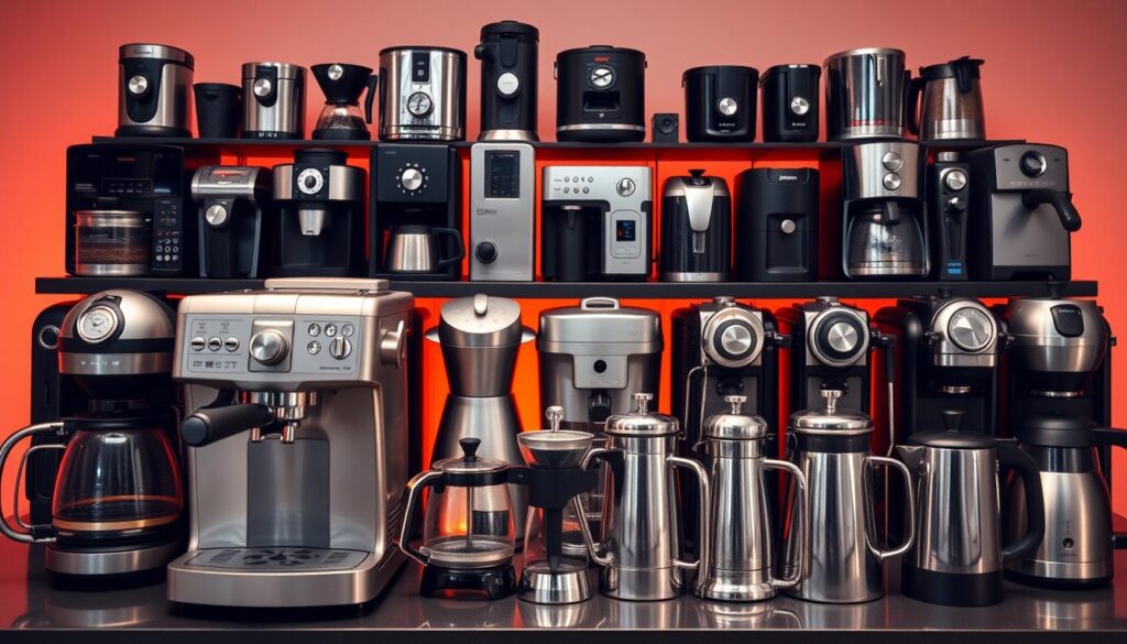 A collection of distinctive coffee makers arranged in a meticulously organized display, showcasing a variety of brewing styles and designs. In the foreground, a sleek, contemporary espresso machine stands as the centerpiece, its shiny metallic finish glimmering under the warm, indirect lighting. Surrounding it, an array of classic drip coffee makers, compact single-serve units, and traditional moka pots create a visually engaging tableau. The middle ground features a selection of stylish French presses, each with unique shapes and textures, complementing the overall arrangement. In the background, a subtle gradient of warm and cool tones sets a cozy, inviting atmosphere, accentuating the diverse yet harmonious ensemble of coffee-making appliances. A collection of distinctive coffee makers arranged in a meticulously organized display, showcasing a variety of brewing styles and designs. In the foreground, a sleek, contemporary espresso machine stands as the centerpiece, its shiny metallic finish glimmering under the warm, indirect lighting. Surrounding it, an array of classic drip coffee makers, compact single-serve units, and traditional moka pots create a visually engaging tableau. The middle ground features a selection of stylish French presses, each with unique shapes and textures, complementing the overall arrangement. In the background, a subtle gradient of warm and cool tones sets a cozy, inviting atmosphere, accentuating the diverse yet harmonious ensemble of coffee-making appliances.