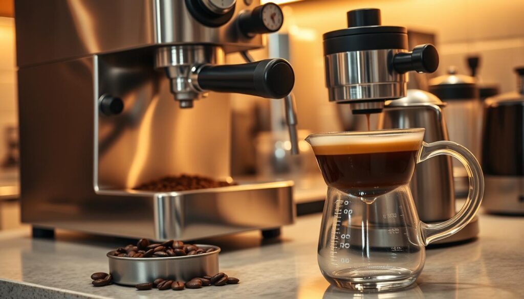 A countertop filled with the tools of the espresso craft: a sleek, brushed stainless steel espresso machine, its group head gleaming, poised to extract a rich, aromatic brew. Freshly ground coffee beans await in a burr grinder, their dark, oily sheen hinting at the flavorful espresso to come. The warm glow of task lighting illuminates the scene, casting a cozy, inviting atmosphere. A transparent glass pitcher stands ready to capture the emerging espresso, its crema-topped surface shimmering. The arrangement exudes the focus and precision required to brew a perfect shot, perfectly suited to illustrate the "Brewing Techniques and Equipment" section of the article. A countertop filled with the tools of the espresso craft: a sleek, brushed stainless steel espresso machine, its group head gleaming, poised to extract a rich, aromatic brew. Freshly ground coffee beans await in a burr grinder, their dark, oily sheen hinting at the flavorful espresso to come. The warm glow of task lighting illuminates the scene, casting a cozy, inviting atmosphere. A transparent glass pitcher stands ready to capture the emerging espresso, its crema-topped surface shimmering. The arrangement exudes the focus and precision required to brew a perfect shot, perfectly suited to illustrate the "Brewing Techniques and Equipment" section of the article.