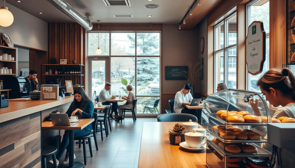 A cozy cafe interior with warm lighting and natural wood accents. The front counter displays an artful arrangement of freshly baked pastries and coffee cups. Customers sit at small tables, engrossed in conversation or reading reviews on their laptops. Large windows allow natural light to flood the space, creating a welcoming and inviting atmosphere. The cafe's branding is subtly evident through carefully curated decor elements. The overall scene conveys a sense of community, comfort, and the pleasures of a leisurely weekend breakfast. A cozy cafe interior with warm lighting and natural wood accents. The front counter displays an artful arrangement of freshly baked pastries and coffee cups. Customers sit at small tables, engrossed in conversation or reading reviews on their laptops. Large windows allow natural light to flood the space, creating a welcoming and inviting atmosphere. The cafe's branding is subtly evident through carefully curated decor elements. The overall scene conveys a sense of community, comfort, and the pleasures of a leisurely weekend breakfast.