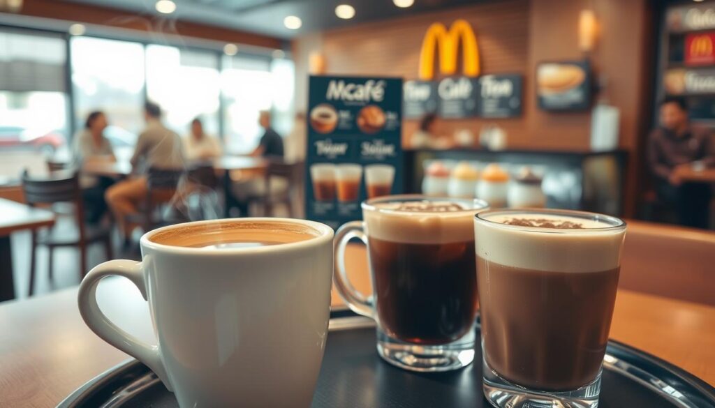 A cozy cafe setting with a focus on McDonald's signature hot beverages. In the foreground, a steaming cup of McCafé coffee, its rich aroma wafting through the air. Beside it, a tempting hot chocolate, its frothy surface dusted with cocoa powder. In the middle ground, a display of other hot drink options, including tea and seasonal specialties. The background features a warm, inviting ambiance with soft lighting, wooden furnishings, and a glimpse of the bustling restaurant beyond. The overall mood is one of comfort and indulgence, highlighting the range of hot beverage choices available at McDonald's. A cozy cafe setting with a focus on McDonald's signature hot beverages. In the foreground, a steaming cup of McCafé coffee, its rich aroma wafting through the air. Beside it, a tempting hot chocolate, its frothy surface dusted with cocoa powder. In the middle ground, a display of other hot drink options, including tea and seasonal specialties. The background features a warm, inviting ambiance with soft lighting, wooden furnishings, and a glimpse of the bustling restaurant beyond. The overall mood is one of comfort and indulgence, highlighting the range of hot beverage choices available at McDonald's.