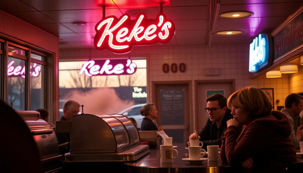 A cozy diner at dusk, with warm lighting filtering through the windows, casting a soft glow on the bustling interior. The counter is adorned with a vintage cash register and glass pastry display, hinting at the delectable treats within. Customers linger over steaming cups of coffee, their faces cast in a golden hue as they chat amiably. In the background, a neon "Keke's" sign blinks, signaling the well-known establishment's regular closing hours have arrived, inviting weary patrons to linger a while longer before the doors shut for the night. A cozy diner at dusk, with warm lighting filtering through the windows, casting a soft glow on the bustling interior. The counter is adorned with a vintage cash register and glass pastry display, hinting at the delectable treats within. Customers linger over steaming cups of coffee, their faces cast in a golden hue as they chat amiably. In the background, a neon "Keke's" sign blinks, signaling the well-known establishment's regular closing hours have arrived, inviting weary patrons to linger a while longer before the doors shut for the night.