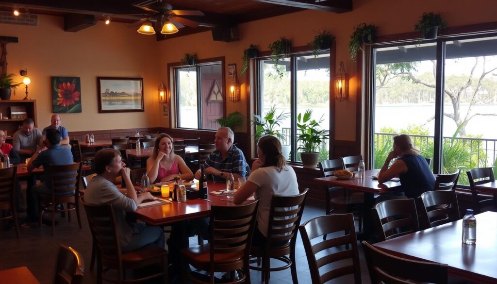 A cozy, inviting dining room at Keke's in Lakeland, Florida. Warm, soft lighting illuminates the space, casting a gentle glow on the wooden tables and chairs. In the foreground, a group of friends enjoy a hearty meal, their laughter and conversation filling the air. The middle ground features the restaurant's signature décor - rustic farmhouse-style accents, vibrant artwork, and potted plants that add pops of greenery. In the background, large windows offer a picturesque view of the surrounding lakeside scenery, with lush vegetation and a tranquil body of water reflecting the serene atmosphere. An atmosphere of comfort, community, and connection pervades the scene, capturing the essence of the Keke's Lakeland dining experience. A cozy, inviting dining room at Keke's in Lakeland, Florida. Warm, soft lighting illuminates the space, casting a gentle glow on the wooden tables and chairs. In the foreground, a group of friends enjoy a hearty meal, their laughter and conversation filling the air. The middle ground features the restaurant's signature décor - rustic farmhouse-style accents, vibrant artwork, and potted plants that add pops of greenery. In the background, large windows offer a picturesque view of the surrounding lakeside scenery, with lush vegetation and a tranquil body of water reflecting the serene atmosphere. An atmosphere of comfort, community, and connection pervades the scene, capturing the essence of the Keke's Lakeland dining experience.