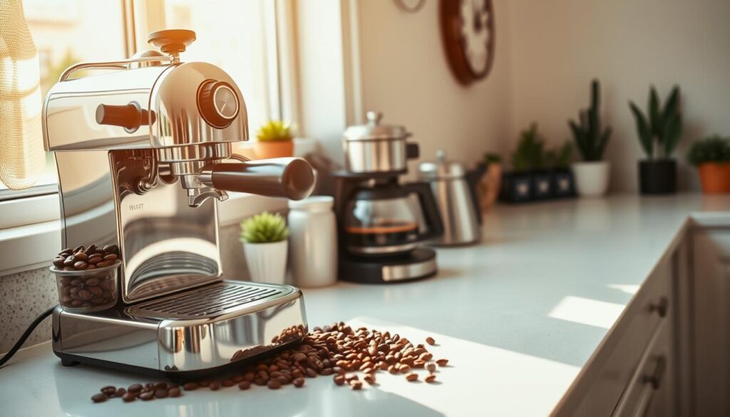 A cozy kitchen counter, bathed in warm, natural light from a nearby window. In the foreground, a manual espresso machine sits prominently, its gleaming chrome finish reflecting the sun's rays. Beside it, a stack of freshly ground coffee beans, their rich, earthy aroma wafting through the air. In the middle ground, a regular coffee maker brews a robust, aromatic concoction, its slow drip a soothing rhythm. The background features a minimalist decor, with a few plants and a vintage-inspired wall clock, creating a serene, inviting atmosphere. The overall scene conveys a sense of homemade expertise, where the art of espresso extraction is brought to life in a familiar, everyday setting. A cozy kitchen counter, bathed in warm, natural light from a nearby window. In the foreground, a manual espresso machine sits prominently, its gleaming chrome finish reflecting the sun's rays. Beside it, a stack of freshly ground coffee beans, their rich, earthy aroma wafting through the air. In the middle ground, a regular coffee maker brews a robust, aromatic concoction, its slow drip a soothing rhythm. The background features a minimalist decor, with a few plants and a vintage-inspired wall clock, creating a serene, inviting atmosphere. The overall scene conveys a sense of homemade expertise, where the art of espresso extraction is brought to life in a familiar, everyday setting.