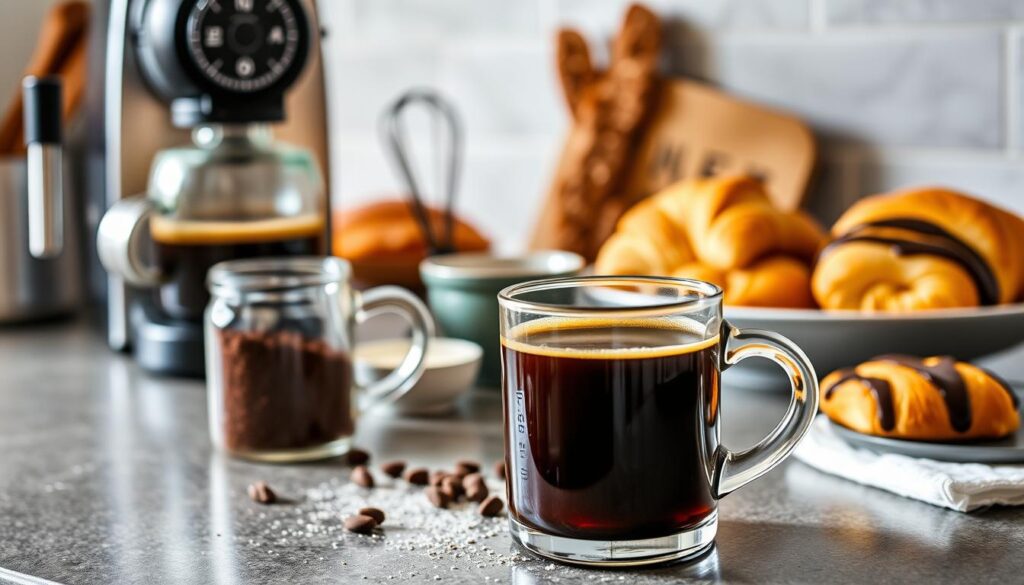 A cozy kitchen counter showcases an array of instant espresso preparations. In the foreground, a steaming mug of rich, aromatic espresso takes center stage, while a sleek espresso machine and a jar of instant espresso powder stand nearby, hinting at the versatility of this potent coffee concentrate. In the middle ground, a whisk and a small bowl suggest the creation of frothy cappuccinos or dense, creamy affogatos. The background features various baked goods, from flaky croissants to decadent chocolate-dipped biscotti, complementing the robust espresso flavors. Soft, diffused lighting sets a warm, inviting atmosphere, capturing the versatility and convenience of instant espresso in the modern kitchen. A cozy kitchen counter showcases an array of instant espresso preparations. In the foreground, a steaming mug of rich, aromatic espresso takes center stage, while a sleek espresso machine and a jar of instant espresso powder stand nearby, hinting at the versatility of this potent coffee concentrate. In the middle ground, a whisk and a small bowl suggest the creation of frothy cappuccinos or dense, creamy affogatos. The background features various baked goods, from flaky croissants to decadent chocolate-dipped biscotti, complementing the robust espresso flavors. Soft, diffused lighting sets a warm, inviting atmosphere, capturing the versatility and convenience of instant espresso in the modern kitchen.
