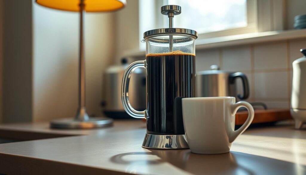 A cozy kitchen counter, the warm glow of a table lamp illuminating a glass French press filled with freshly brewed espresso roast coffee. The rich, dark liquid gently swirls, its aroma filling the air. Beside the press, a clean white mug waits to be filled, its simple design complementing the scene. The counter is uncluttered, allowing the coffee-making process to take center stage. Sunlight filters through a nearby window, casting a soft, natural light across the setup. The overall mood is one of quiet focus and appreciation for the art of crafting a perfect cup of coffee, using an unexpected but delightful espresso roast. A cozy kitchen counter, the warm glow of a table lamp illuminating a glass French press filled with freshly brewed espresso roast coffee. The rich, dark liquid gently swirls, its aroma filling the air. Beside the press, a clean white mug waits to be filled, its simple design complementing the scene. The counter is uncluttered, allowing the coffee-making process to take center stage. Sunlight filters through a nearby window, casting a soft, natural light across the setup. The overall mood is one of quiet focus and appreciation for the art of crafting a perfect cup of coffee, using an unexpected but delightful espresso roast.