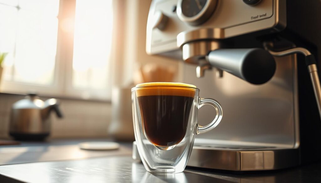 A cozy kitchen countertop, the sunlight filtering through a window, a sleek espresso machine standing tall. Atop the machine, a small, dark shot of espresso, its rich aroma filling the air. The surface of the espresso is crowned with a thick, golden crema, a testament to the perfect extraction. A simple, elegant glass vessel captures the shot, its curves reflecting the warm lighting. The scene exudes a sense of craft and care, inviting the viewer to savor the moment and appreciate the art of the home-brewed espresso experience. A cozy kitchen countertop, the sunlight filtering through a window, a sleek espresso machine standing tall. Atop the machine, a small, dark shot of espresso, its rich aroma filling the air. The surface of the espresso is crowned with a thick, golden crema, a testament to the perfect extraction. A simple, elegant glass vessel captures the shot, its curves reflecting the warm lighting. The scene exudes a sense of craft and care, inviting the viewer to savor the moment and appreciate the art of the home-brewed espresso experience.